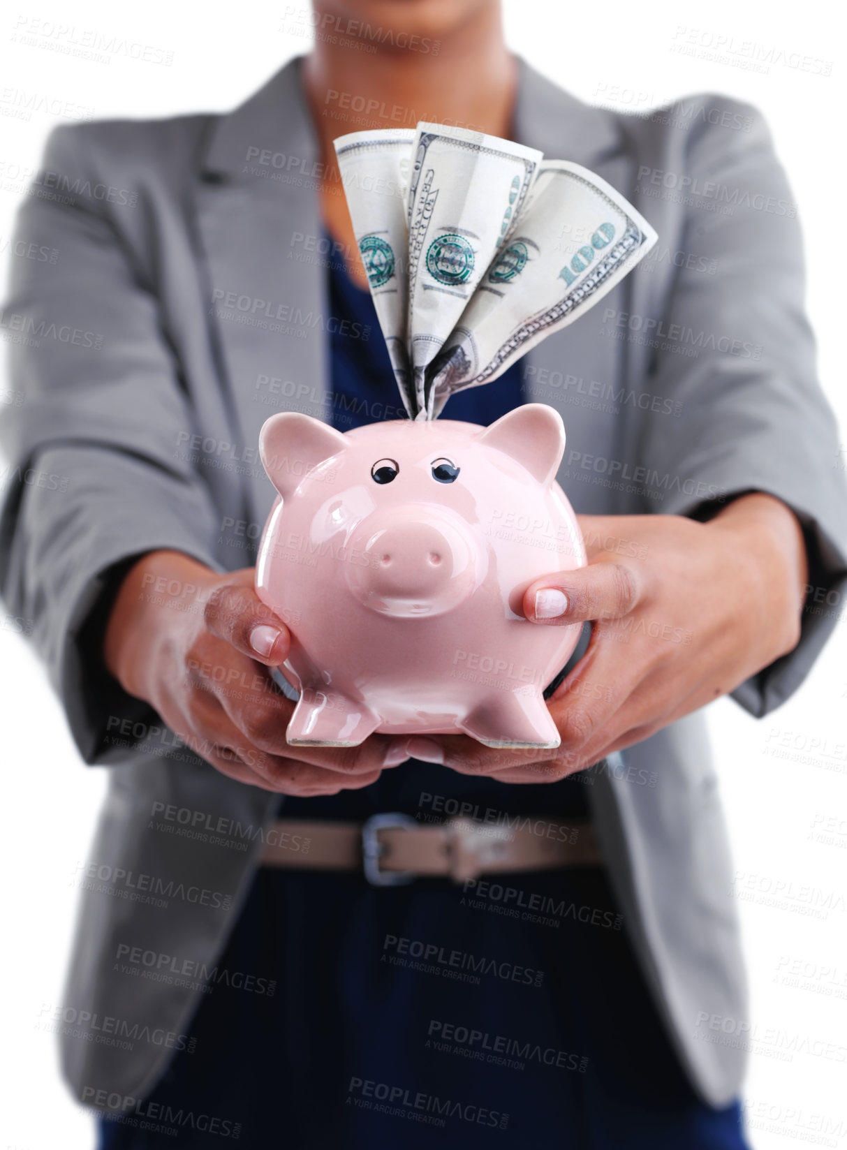 Buy stock photo Business, woman and savings or money in studio for investment or cashback, profit and financial freedom. Girl, piggy bank and dollars or cash on white background for banking, growth and payment