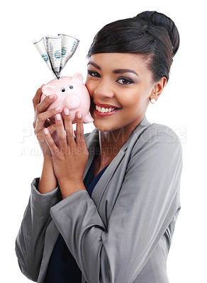Buy stock photo Woman, portrait and happy in studio with piggy bank for business investment or financial freedom and dollars income. Girl, money and cash on white background for savings, profit and banking growth.