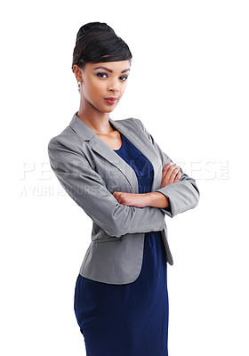 Buy stock photo Arms crossed, corporate and portrait of business black woman in studio isolated on white background. Company, serious and trust with confident employee in professional suit for start of career
