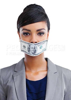 Buy stock photo Woman, portrait and cash on mouth for bribe or buy silence for fraud, corruption and money laundering. Girl, white background and dirty dollars for bribery or non disclosure agreements and secrets.