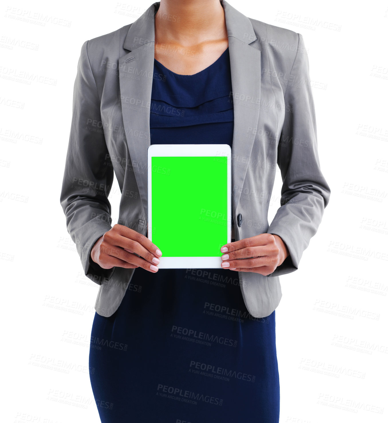 Buy stock photo Business, woman and tablet with green screen in studio, employee and holding tech for information with mockup. Company, advertising or website promotion, announcement and offer on white background