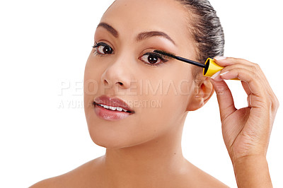 Buy stock photo Woman, mascara and portrait with cosmetics and eye makeup in a studio with care. Skincare, dermatology and lashes with white background and beauty product for eyelashes and treatment with wellness