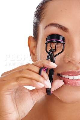 Buy stock photo Woman, eyelash curler and hands with cosmetics and eye makeup in a studio with care. Skincare, dermatology and lashes with white background and beauty product with tool and treatment with wellness