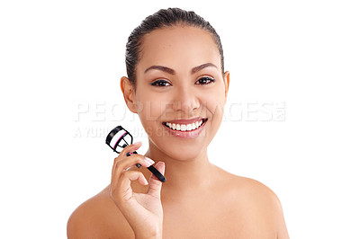 Buy stock photo Woman, portrait and eyelash curler in studio for beauty treatment or makeup, white background or mockup space. Female person, smile and cosmetic or metal tool as aesthetic product, skincare or lashes