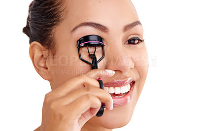 Buy stock photo Woman, eyelash curler and laugh with cosmetics and eye makeup in a studio with care. Skincare, dermatology and lashes with white background and beauty product with tool and treatment with wellness
