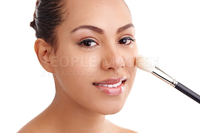 Buy stock photo Happy woman, portrait and beauty with makeup brush, cosmetics or cosmetology on a white studio background. Face of young female person or model with smile for facial treatment, foundation or skincare