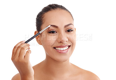 Buy stock photo Happy woman, beauty and makeup with brush for cosmetics or cosmetology on a white studio background. Face of young female person or model with smile for facial treatment, volume or applying eyeshadow