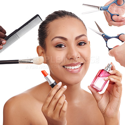 Buy stock photo Happy woman, portrait and cosmetics with makeup tools for grooming, beauty or facial on a white studio background. Face of female person or model with smile for cosmetology, spa or salon treatment