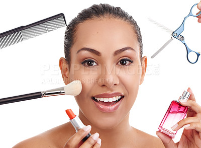 Buy stock photo Happy woman, portrait and cosmetics with makeup for grooming, beauty or facial on a white studio background. Face of female person or model with smile or tools for cosmetology, spa or salon treatment