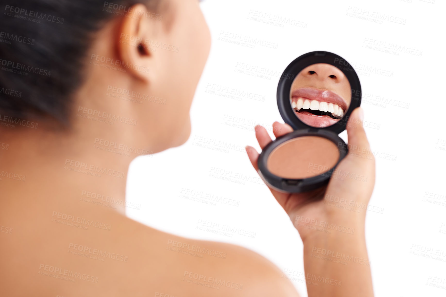 Buy stock photo Studio, mirror and woman with reflection of lips with cosmetics, blush palette and makeup by mockup. Female model, beauty or pride for self care by white background, smile and smooth or shine results