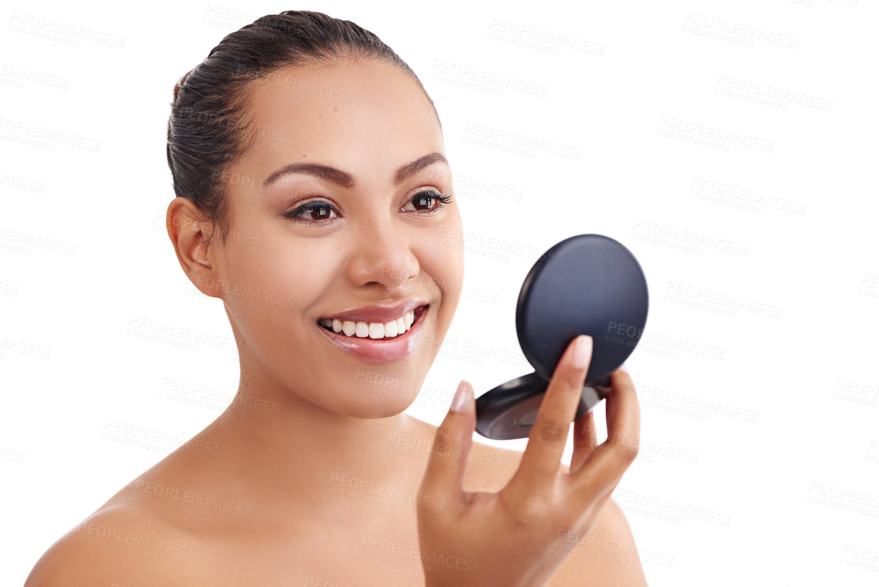 Buy stock photo Shot of a beautiful woman using a compact mirror isolated on white