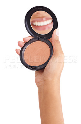 Buy stock photo Studio, mirror and girl with reflection of lips with cosmetics, blush palette and makeup by mockup. Female model, beauty or pride for self care by white background, smile and smooth or shine results
