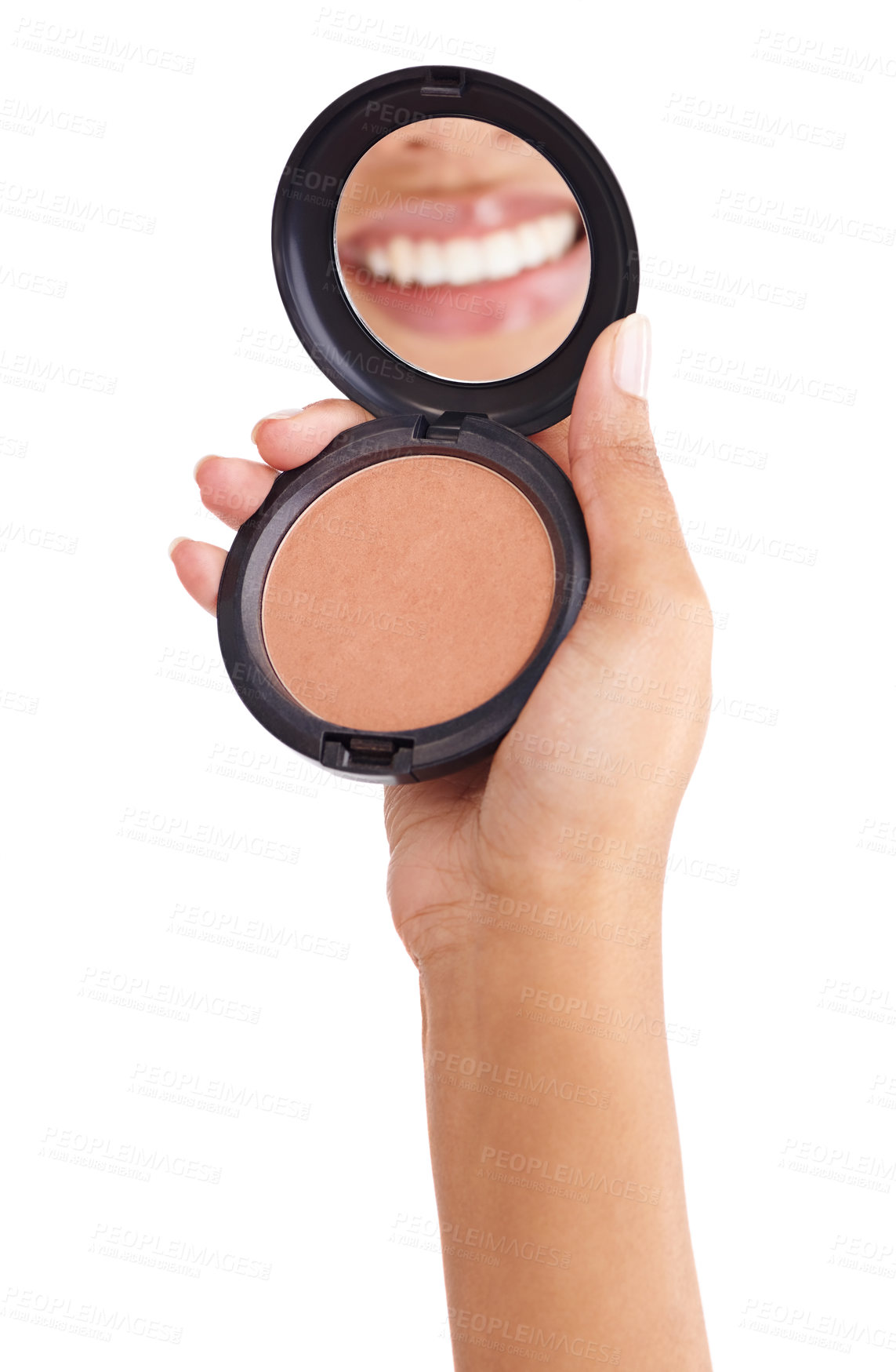 Buy stock photo Studio, mirror and girl with reflection of lips with cosmetics, blush palette and makeup by mockup. Female model, beauty or pride for self care by white background, smile and smooth or shine results