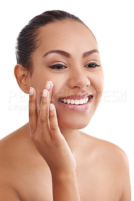 Buy stock photo Happy woman, skincare and beauty with cream for facial or moisturizing on a white studio background. Face of young female person, brunette or model with smile for creme, lotion or SPF in dermatology