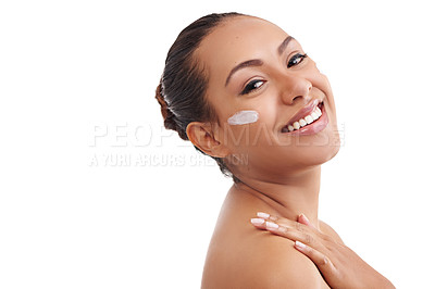 Buy stock photo Happy woman, portrait and skincare with cream for beauty or moisturizing on a white studio background. Face of female person, brunette or model with smile for anti aging, lotion or SPF in dermatology