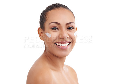 Buy stock photo Happy woman, portrait and skincare with lotion for beauty or moisturizing on a white studio background. Face of female person, brunette or model with smile for anti aging, cream or SPF in dermatology