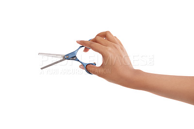 Buy stock photo Barber, scissors and hand of person in studio for hair care and beauty on white background. Hairdresser, tools and blade for cutting hairstyle, trim or grooming in salon with beautician or stylist