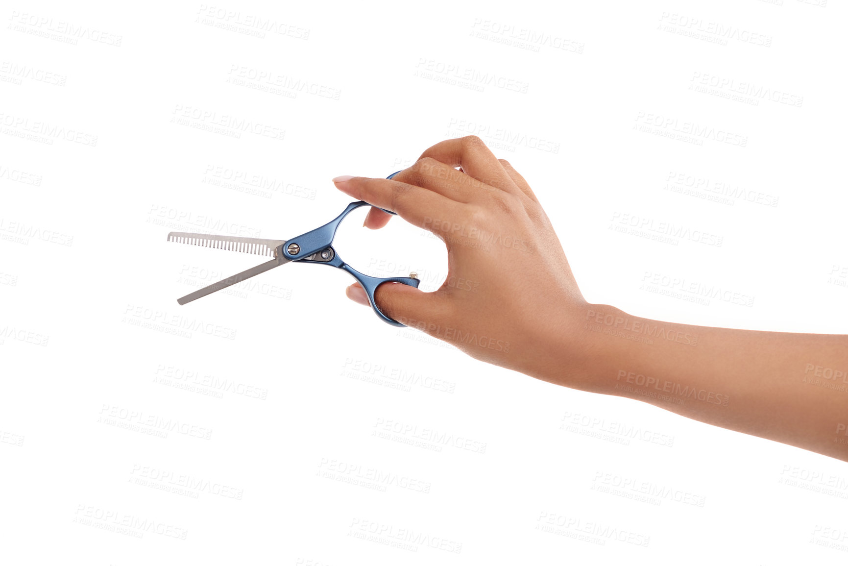 Buy stock photo Barber, scissors and hand of person in studio for hair care and beauty on white background. Hairdresser, tools and blade for cutting hairstyle, trim or grooming in salon with beautician or stylist