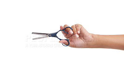 Buy stock photo Cropped shot of a woman holding a pair of haircutting scissors 