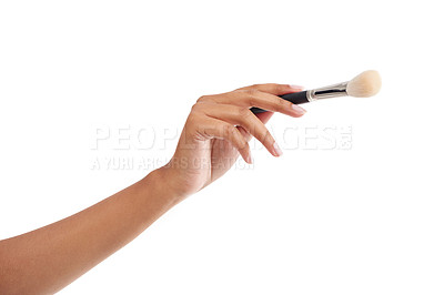Buy stock photo Makeup, brush and hand of person in beauty salon for makeover in studio on white background. Cosmetics, tools and beautician woman brushing powder, product application or stylist grooming in mockup