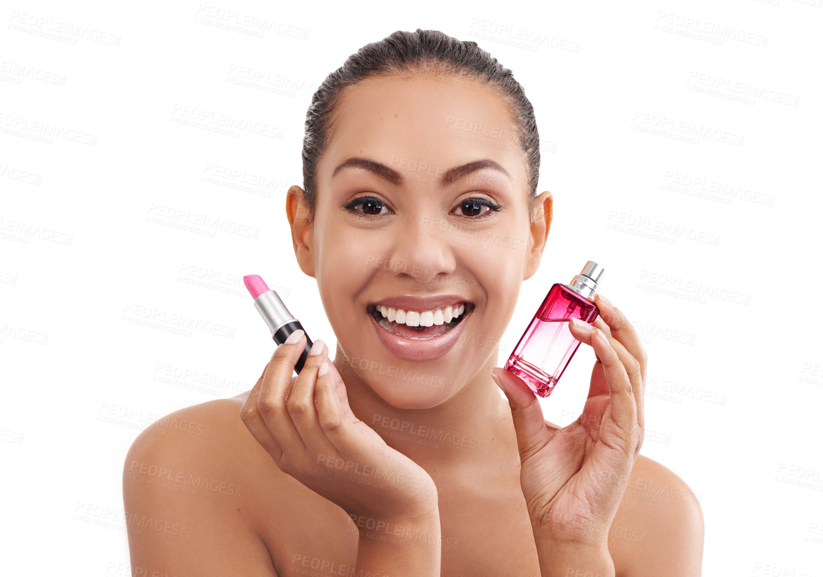 Buy stock photo Happy woman, portrait and beauty with makeup for cosmetics or cosmetology on a white studio background. Face of young female person, brunette or model with smile for lipstick, perfume or grooming