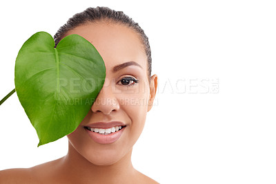 Buy stock photo Happy woman, portrait and natural beauty with leaf for skincare or facial treatment on a white studio background. Face of female person, brunette or model with smile for organic green plant on mockup