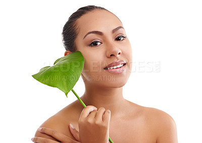 Buy stock photo Woman, portrait and natural beauty with leaf for skincare, hygiene or facial treatment on a white studio background. Face of female person, brunette or model with smile, green plant or organic skin