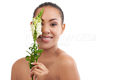 Buy stock photo Flowers, beauty and woman with plants in skincare, dermatology or mockup in white background. Studio, face and portrait of girl with natural floral cosmetics and sustainable makeup or product