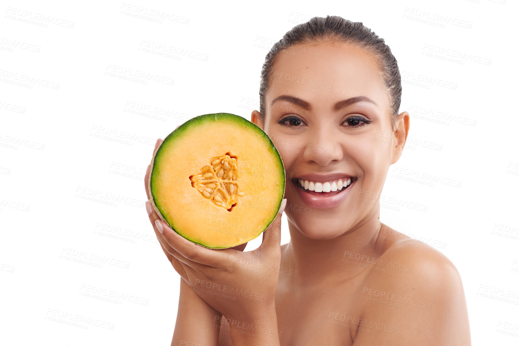 Buy stock photo Portrait, woman and melon in studio for diet, health and nutrition on white background. Fruit, detox or weight loss and benefits for antioxidants, digestion and vitamins or minerals from natural food