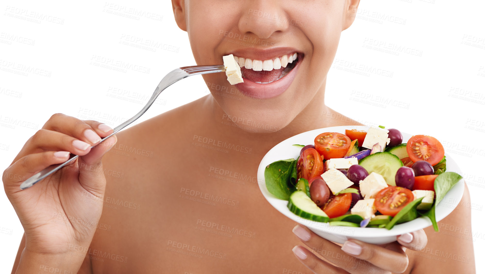 Buy stock photo Cropped studio shot of a woman eating a salad against a white background