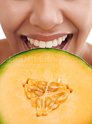 Buy stock photo Bite, woman and melon in studio for closeup, health or nutrition on white background. Fruit, detox or weight loss and benefits for antioxidants, diet or teeth for vitamin or mineral from natural food
