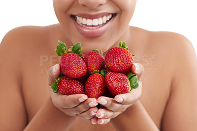 Buy stock photo Hands, woman and strawberry in studio for diet, health and nutrition on white background. Fruit, detox or weight loss and benefits for antioxidants, digestion and vitamin or mineral from natural food