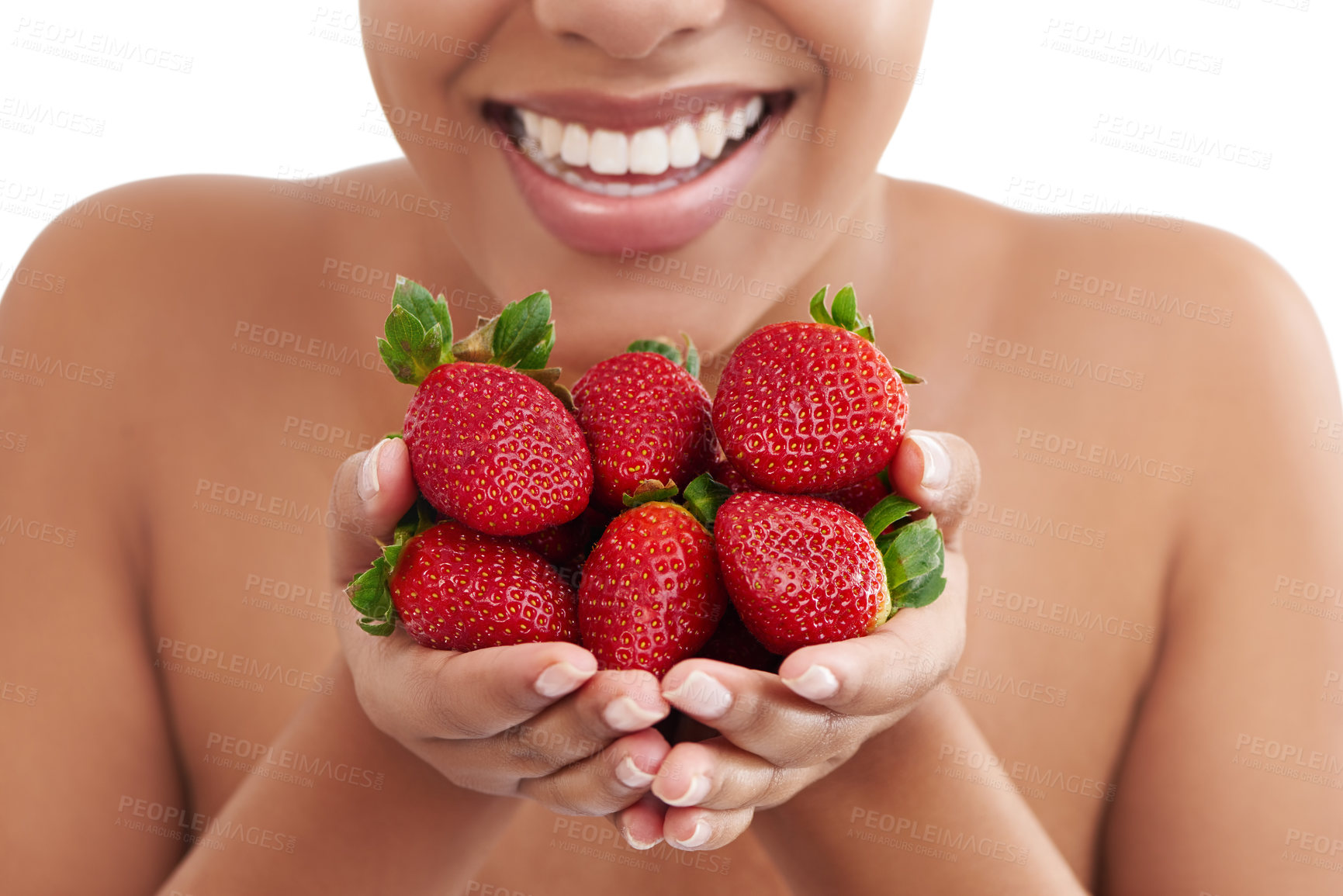 Buy stock photo Hands, woman and strawberry in studio for diet, health and nutrition on white background. Fruit, detox or weight loss and benefits for antioxidants, digestion and vitamin or mineral from natural food