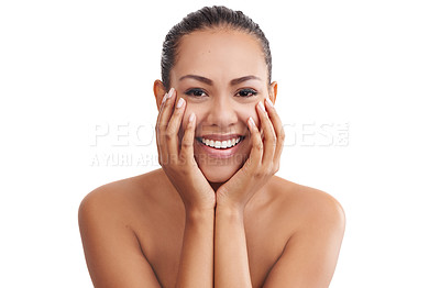 Buy stock photo Happy woman, portrait and beauty with skincare for facial treatment or cosmetics on a white studio background. Face of young female person, brunette or model with smile for cosmetology or dermatology