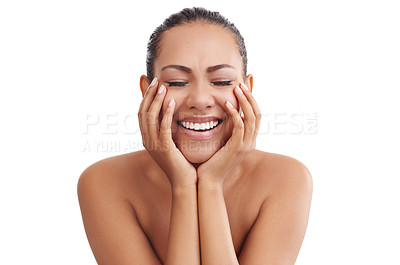 Buy stock photo Shot of a young woman with beautiful skin posing against a white background