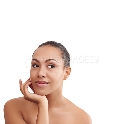 Buy stock photo Woman, thinking and beauty with skincare for facial treatment or cosmetology on a white studio background. Face of female person, brunette or model in wonder or thought for cosmetics on mockup space