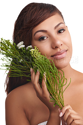 Buy stock photo Plants, beauty and woman with flowers in skincare, dermatology or mockup in white background. Studio, face and portrait of girl with natural floral cosmetics and sustainable makeup or product
