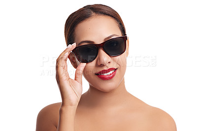 Buy stock photo Studio, sunglasses and woman with smile for fashion, beauty and confidence with mockup. Female model, red lips and pride for self care by white background, trendy and accesories with backdrop
