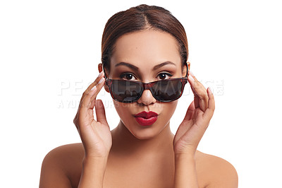 Buy stock photo Studio, portrait and woman with sunglasses for fashion, makeup and beauty with mockup. Female model, cosmetics and red lips for self care by white background, cool and smooth results with backdrop