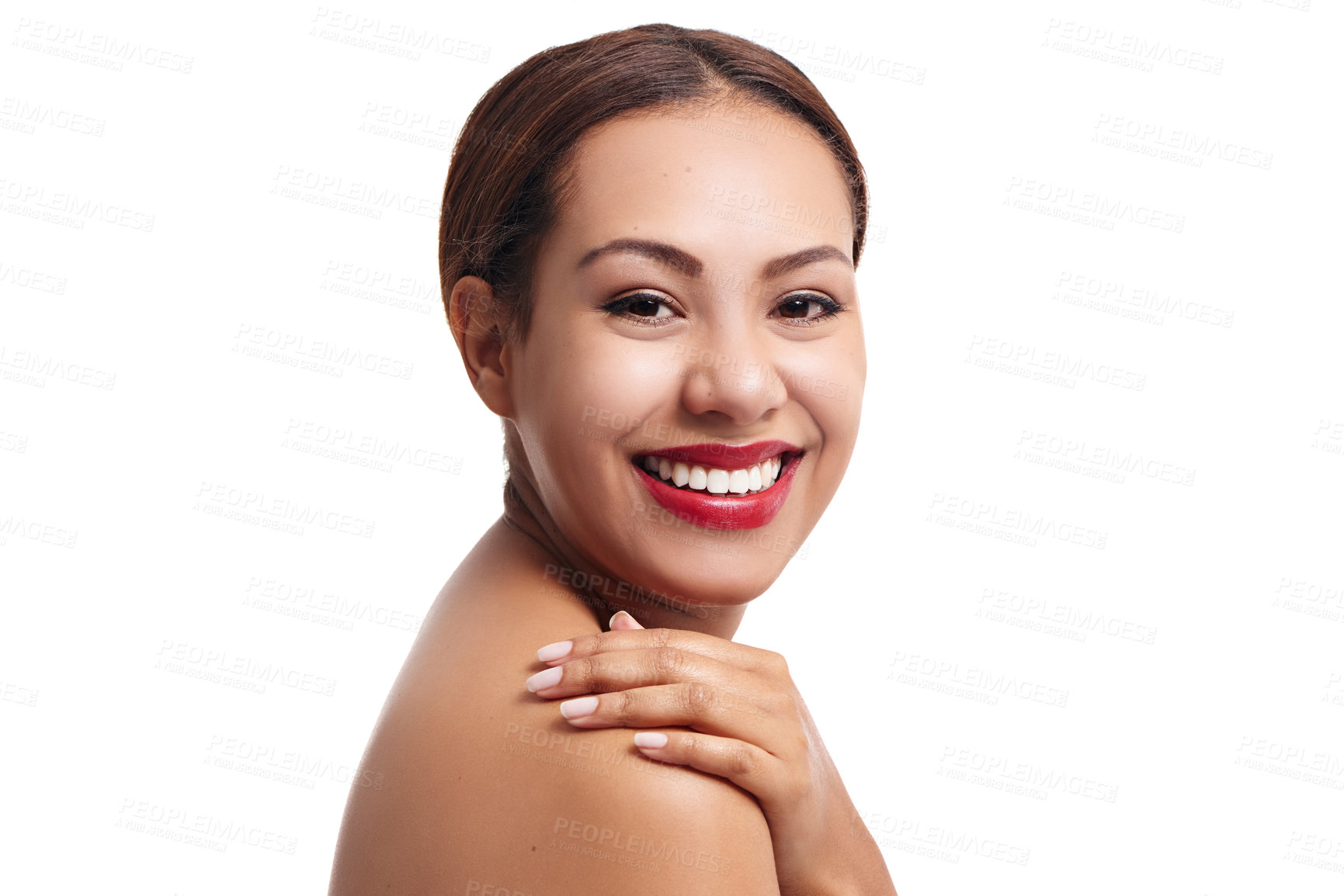 Buy stock photo Happy woman, portrait and makeup with red lipstick for cosmetics or cosmetology on a white studio background. Young female person or model with smile for beauty or facial treatment on mockup space
