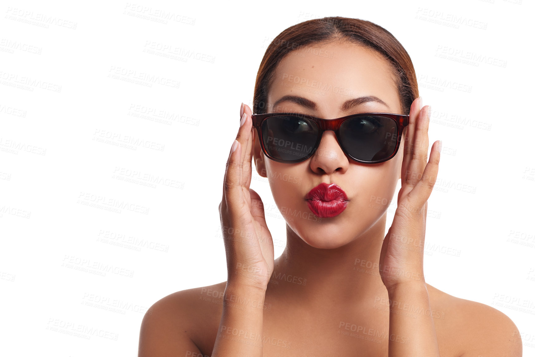Buy stock photo Studio, pout and woman with sunglasses for fashion, makeup and beauty with mockup. Female model, cosmetics and red lips for self care by white background, cool and smooth results with backdrop