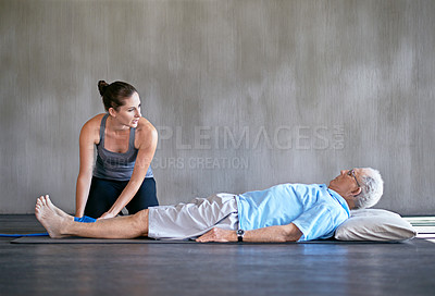 Buy stock photo Elderly man, physical therapist and consultation for recovery exam with rehabilitation in mockup space. Senior person, support and woman with advice for joint pain, planning and muscle exercise