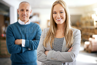 Buy stock photo Confidence, distribution and portrait of business people in warehouse with man and woman in logistics. Partnership, happy and team at industrial cargo inventory store with boxes, pride or leadership