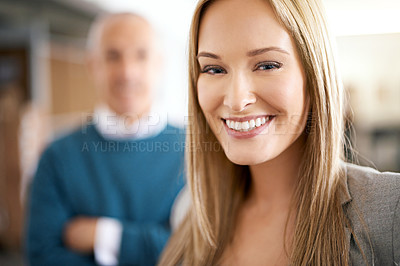 Buy stock photo Happy, woman and portrait of business people in warehouse with confidence, logistics or distribution. Export, commerce and team at cargo storage factory with smile, pride and leader in global service