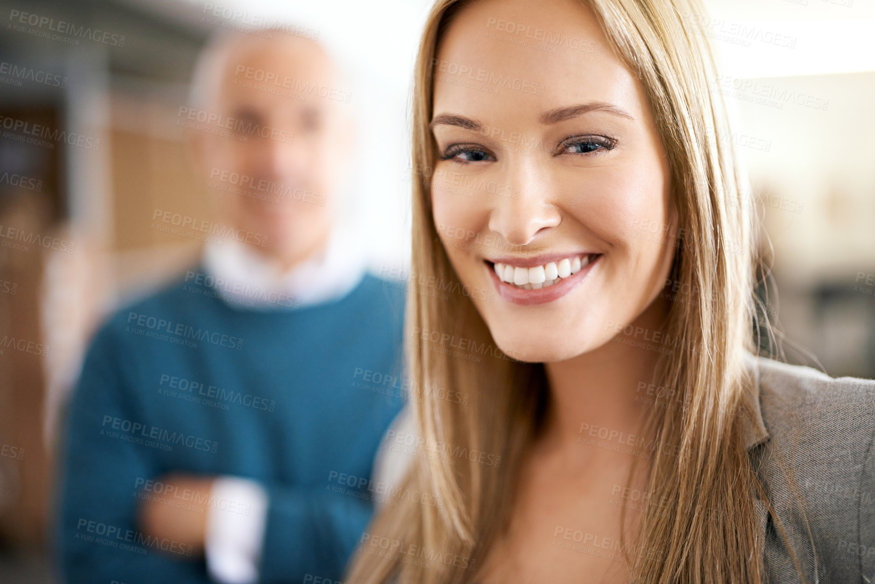 Buy stock photo Happy, woman and portrait of business people in warehouse with confidence, logistics or distribution. Export, commerce and team at cargo storage factory with smile, pride and leader in global service