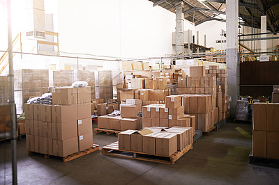 Buy stock photo Boxes, packaging and factory production for shipping distribution for supply chain import, ecommerce or cargo. Business, delivery and manufacturing inventory for company order, logistics or service