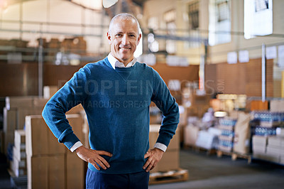 Buy stock photo Happy, delivery and portrait of man in warehouse for cargo, storage and shipping. Distribution, ecommerce and logistics with employee in factory plant for supply chain, package or wholesale supplier