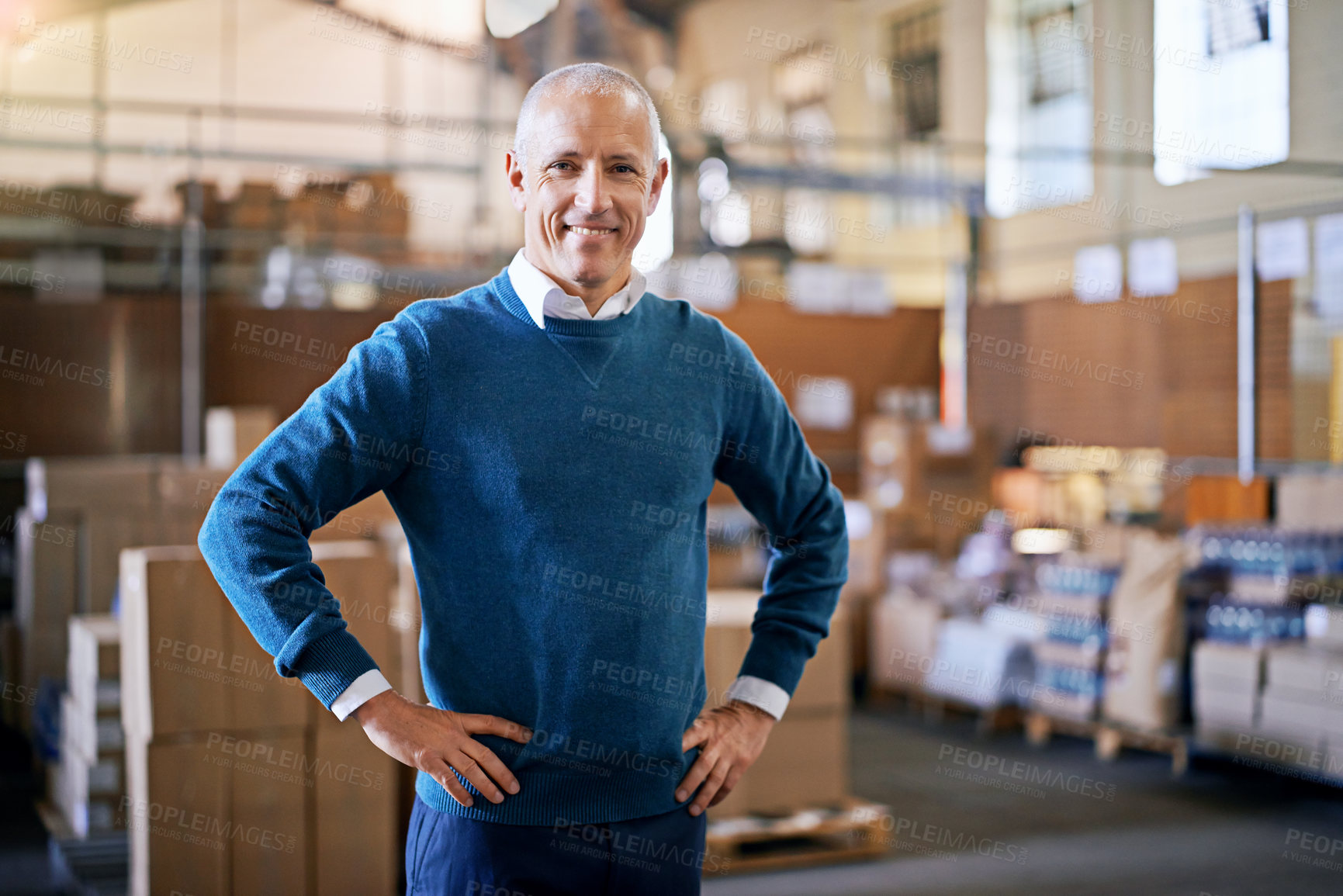 Buy stock photo Happy, delivery and portrait of man in warehouse for cargo, storage and shipping. Distribution, ecommerce and logistics with employee in factory plant for supply chain, package or wholesale supplier