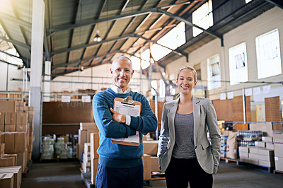 Buy stock photo Confidence, portrait and business people in factory together with package, logistics and distribution. Export, commerce and service team at cargo storage warehouse with clipboard, pride and smile