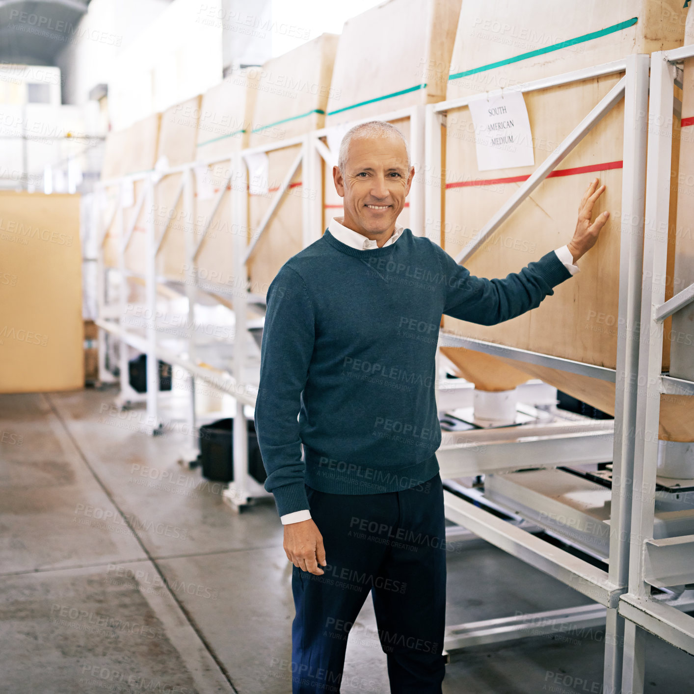Buy stock photo Warehouse, manufacturing and businessman in portrait with smile for logistics, packaging and delivery of product. Man, inventory and supply chain for production, storage or distribution of cargo